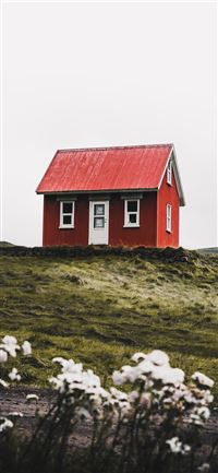 red and white house surround green grass field wallpaper