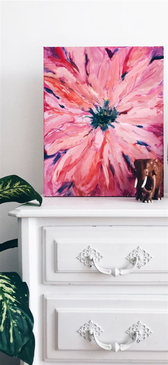 1125x2436 painting of pink flower on dresser near white vase - design iPhone 11 Wallpaper