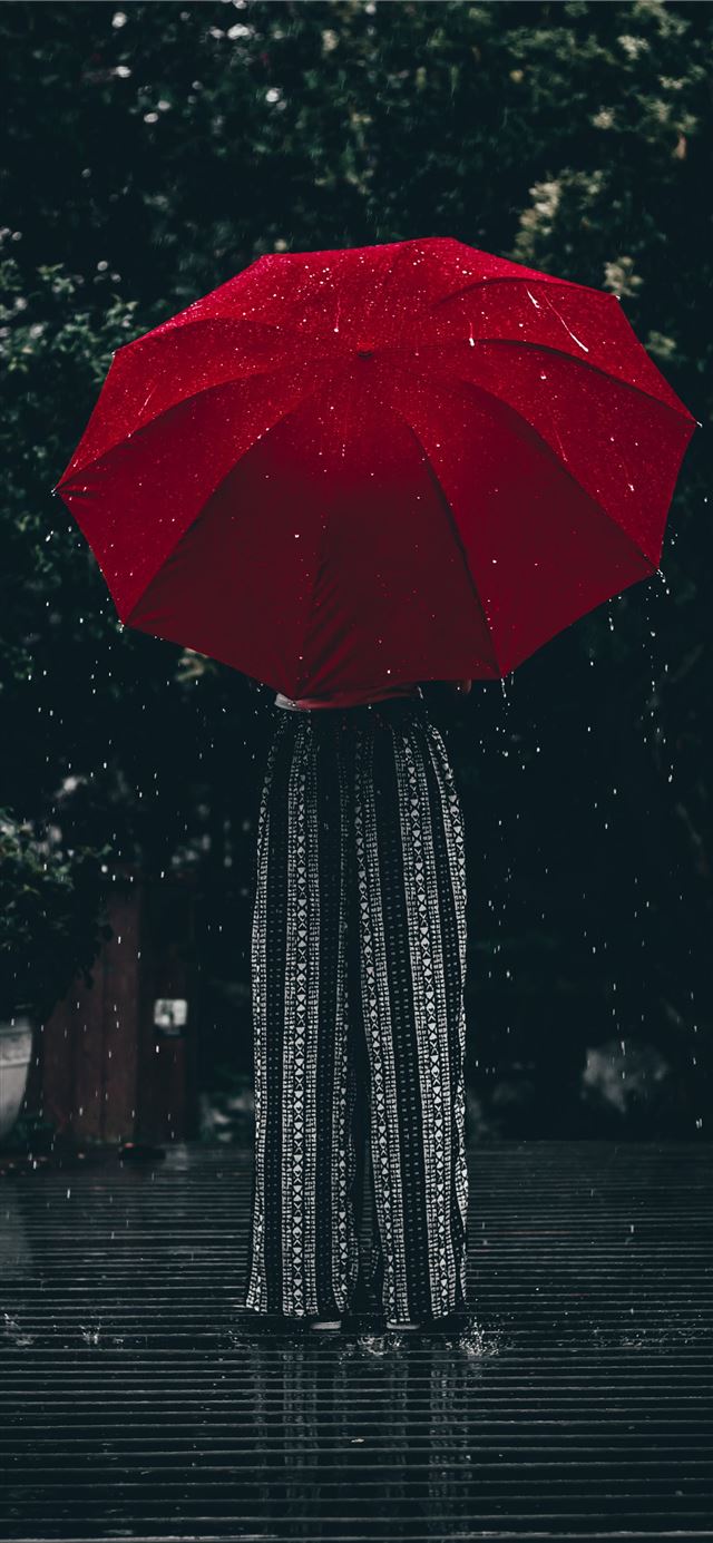 1125x2436 woman holding red umbrella standing near tree at d... - brazil iPhone 11 Wallpaper