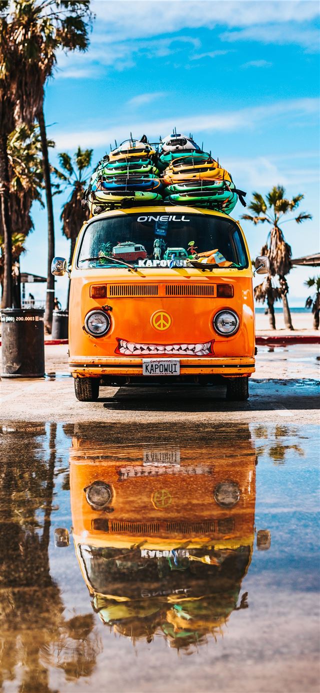 1125x2436 orange van with surfboard on top - orange iPhone 11 Wallpaper