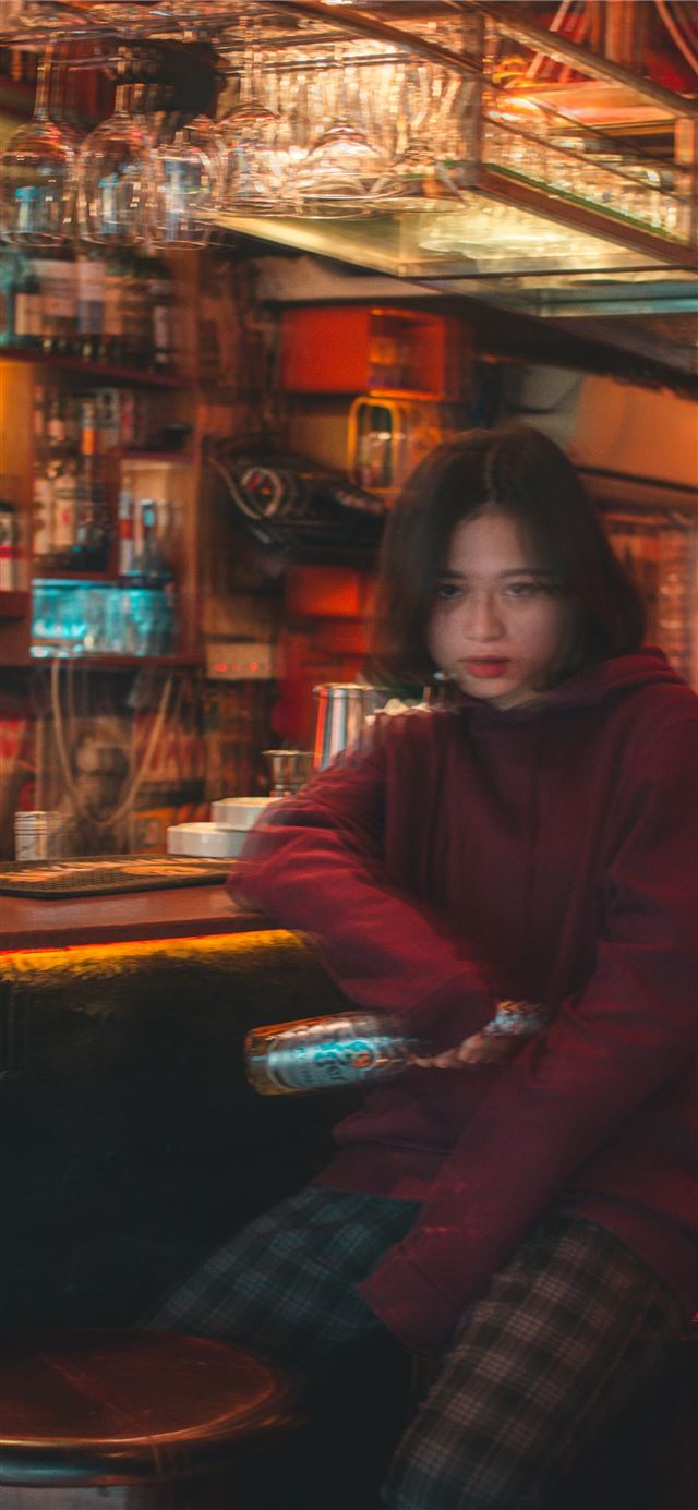 1125x2436 women's red pullover hoodie - abstract iPhone 11 Wallpaper