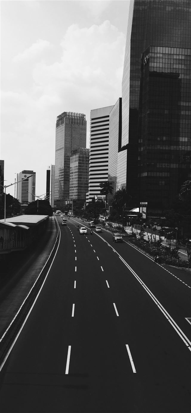 1125x2436 grayscale photo of vehicle running on road under b... - indonesia iPhone 11 Wallpaper