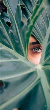 woman peeking over green leaf plant taken at dayti... iPhone 11 wallpaper