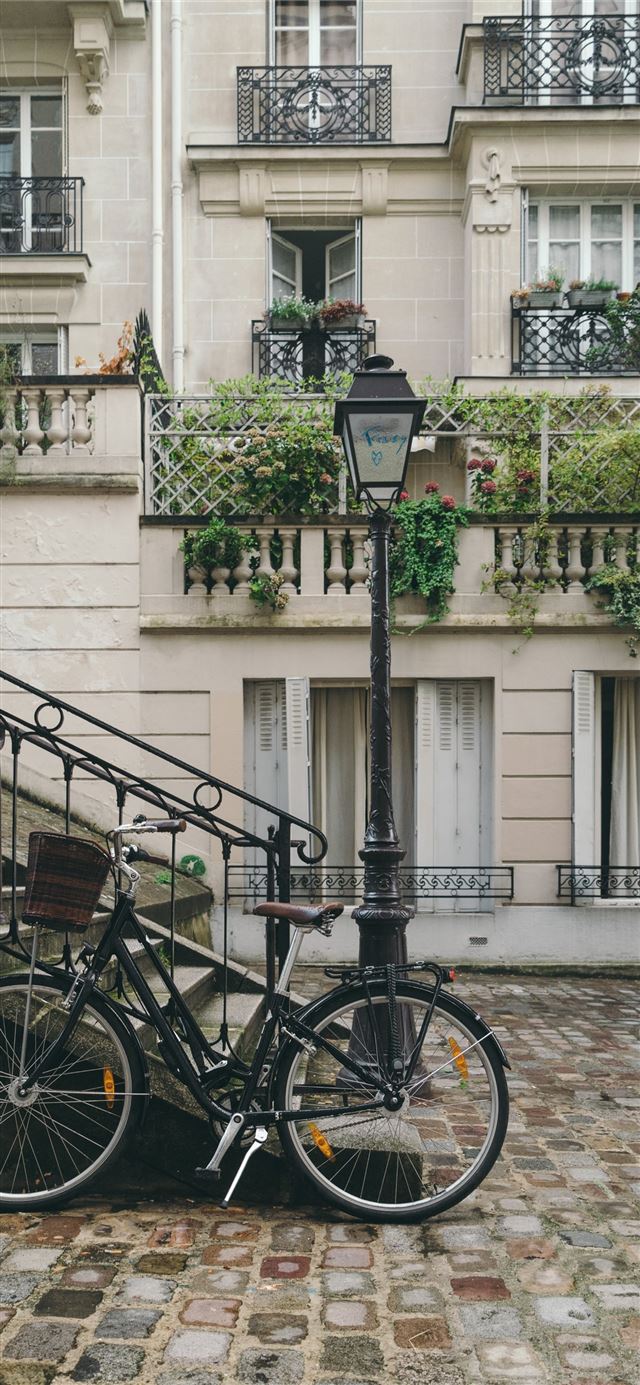 1125x2436 bike leaning against handrail in front of concrete... - france iPhone 11 Wallpaper