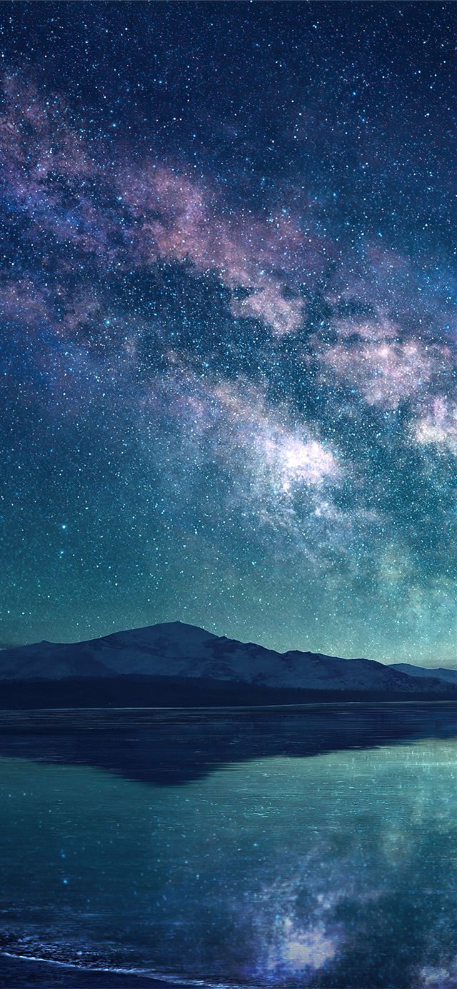 1125x2436 milky way sky blue lake 5k - milky way iPhone 11 Wallpaper