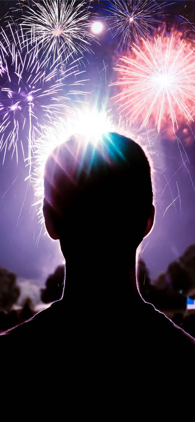 1125x2436 person looking at fireworks display - night iPhone 11 Wallpaper