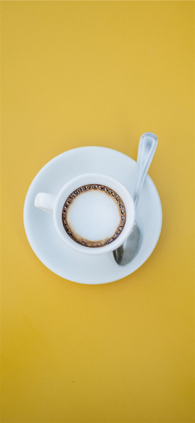 1125x2436 filled white teacup on saucer with teaspoon - yellow iPhone 11 Wallpaper