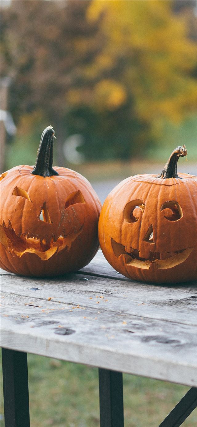 1125x2436 two pumpkins on brown wooden table - fall iPhone 11 Wallpaper