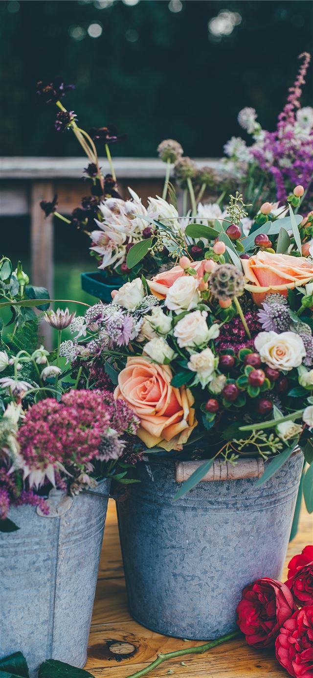 1125x2436 assorted flowers on gray metal bucket - love iPhone 11 Wallpaper