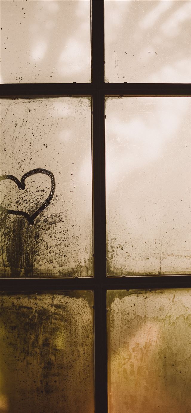 1125x2436 black framed glass window with heart draw - love iPhone 11 Wallpaper