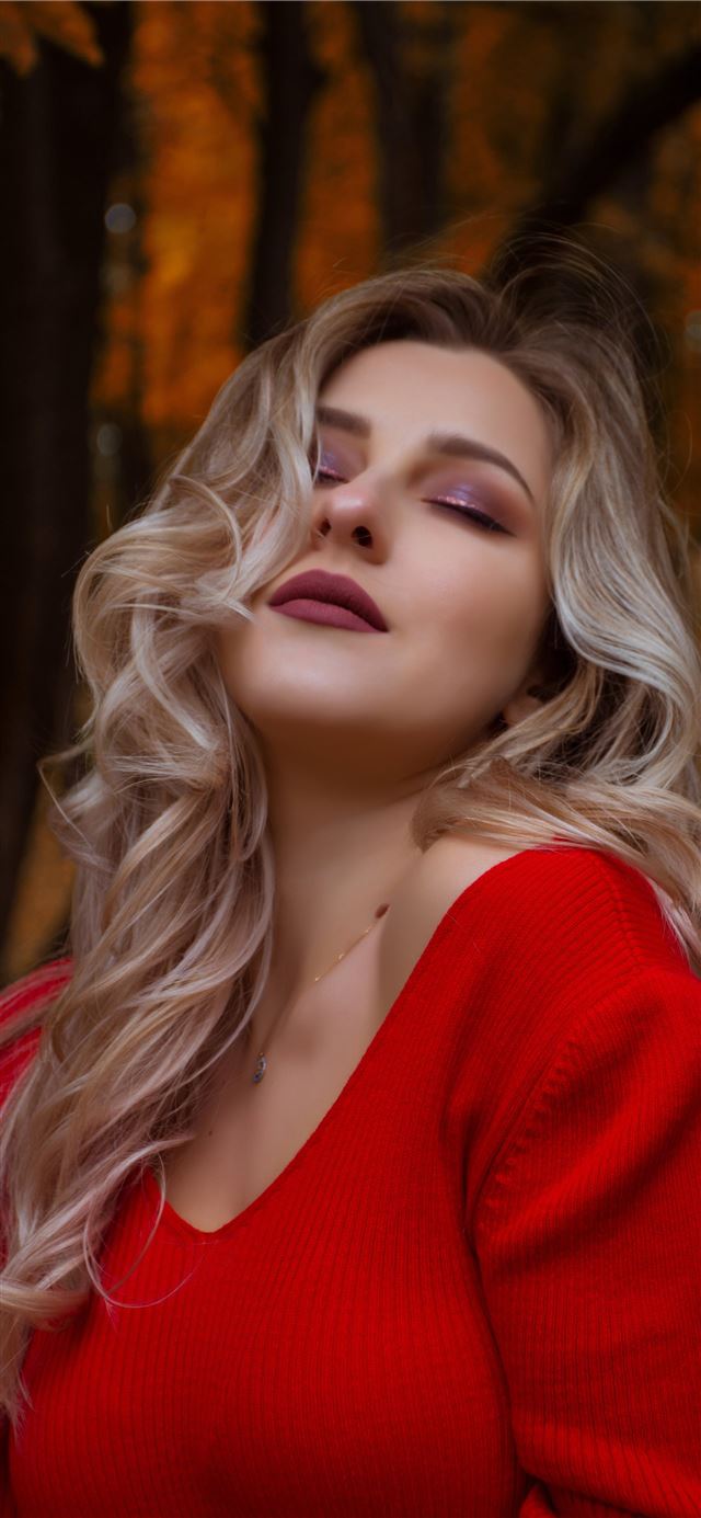 1125x2436 woman in red knit V neck shirt in forest -  iPhone 11 Wallpaper