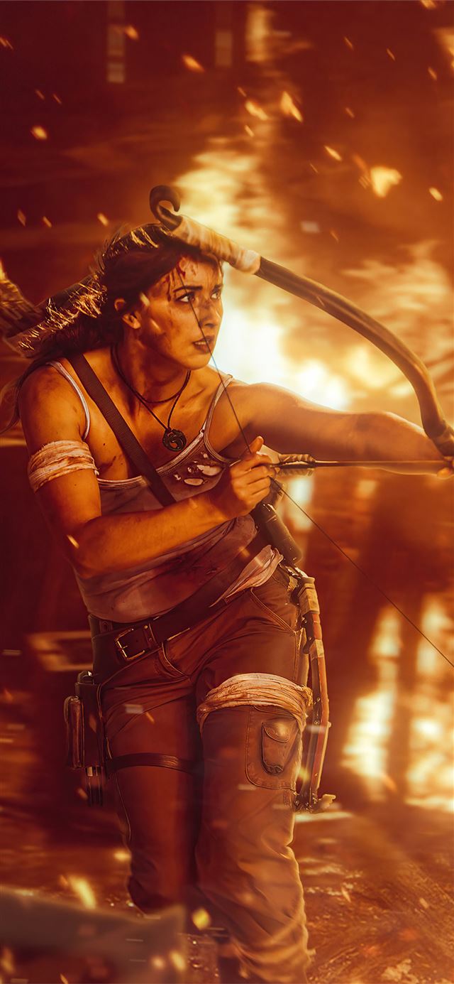 1125x2436 lara croft crimson fire -  iPhone 11 Wallpaper