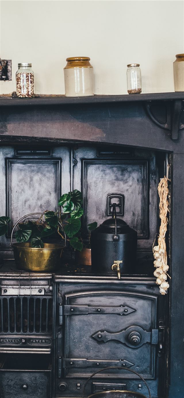 1125x2436 brown wooden kitchen shelf with ceramic jars on to... -  iPhone 11 Wallpaper
