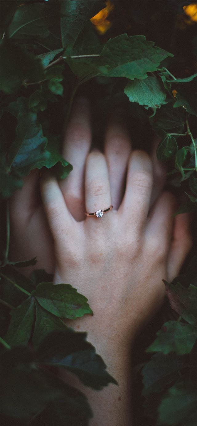 1284x2778 gold colored ring on hands surrounded by green lea... -  iPhone 11 Wallpaper