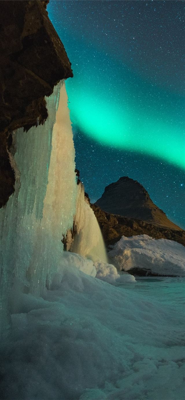 1125x2436 water fall with aurora borealis - ice iPhone 11 Wallpaper