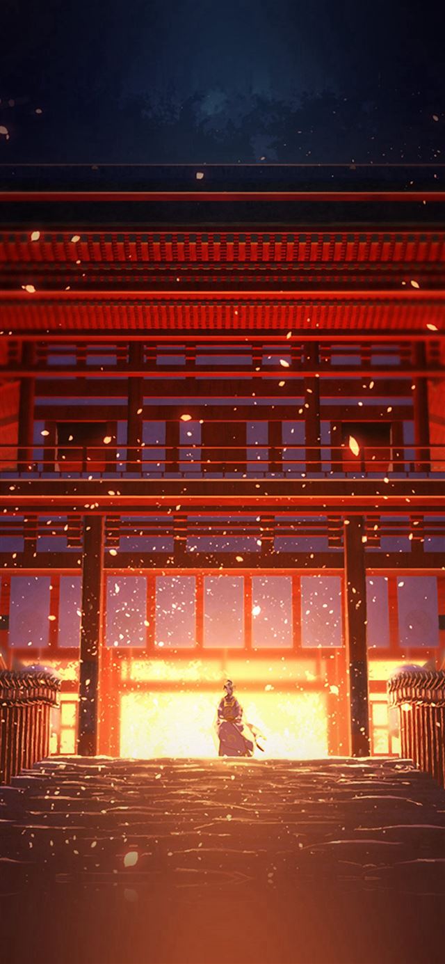 1125x2436 Anime Painting Temple Red Art Illustration -  iPhone 11 Wallpaper