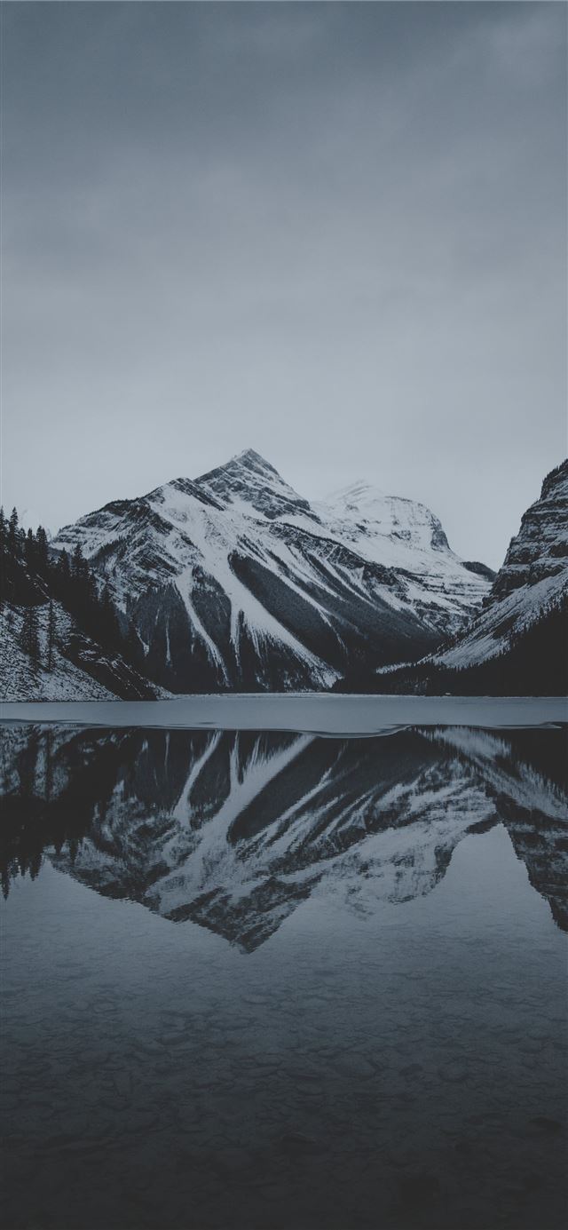 1125x2436 snow mountains and lake undr gray sky -  iPhone 11 Wallpaper