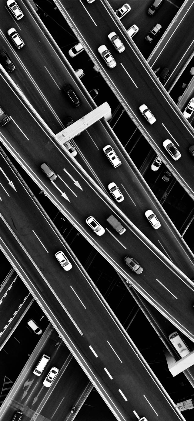 1125x2436 aerial grayscale photography of cars in the street... - black iPhone 11 Wallpaper