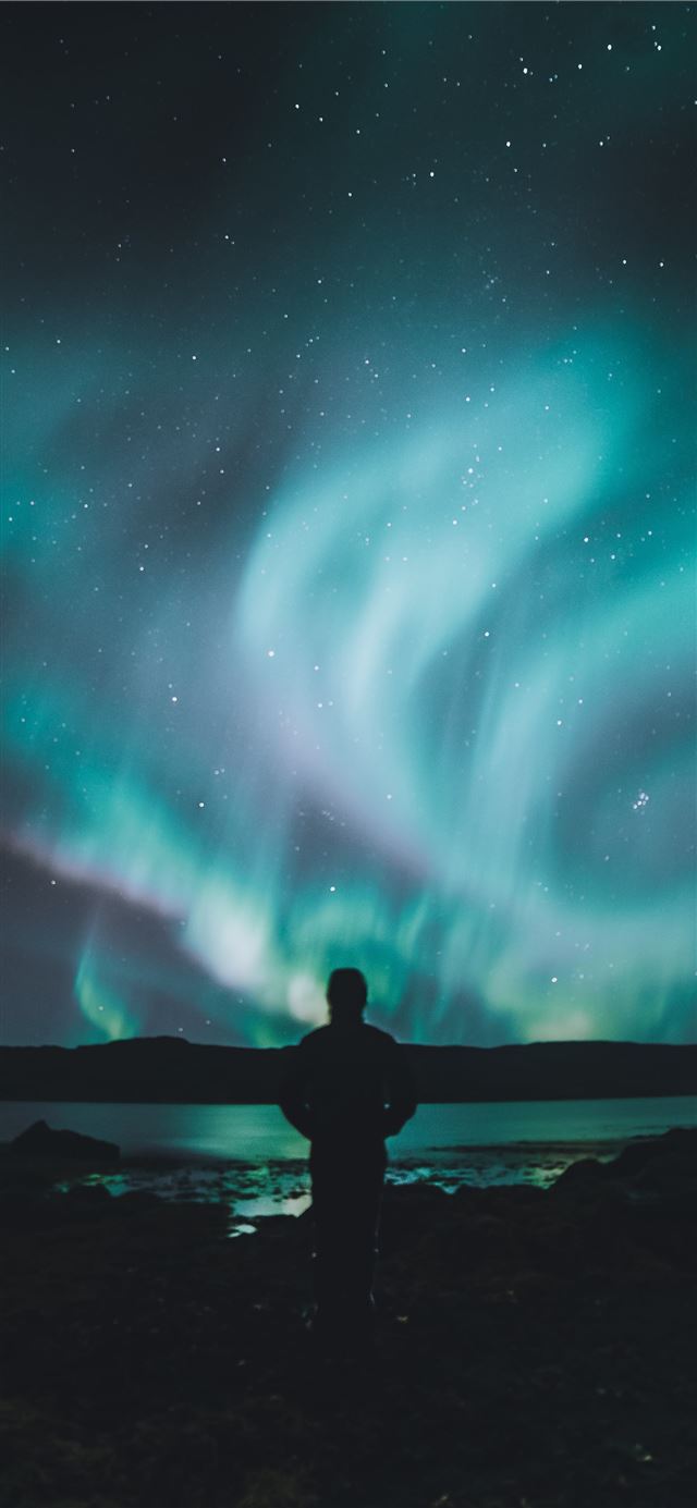 1125x2436 person standing on ground under sky lights - iceland iPhone 11 Wallpaper