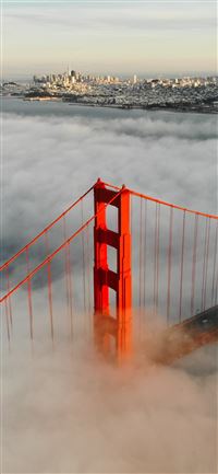 aerial photography of foggy red bridge wallpaper