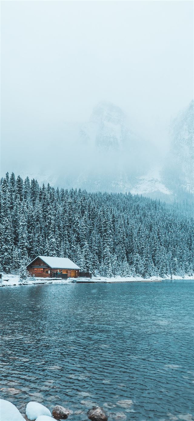 1125x2436 brown wooden house between trees and body of water... - lake louise iPhone 11 Wallpaper