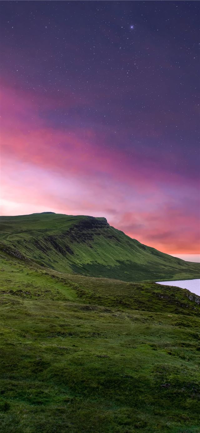 1125x2436 green mountain under purple sky - water iPhone 11 Wallpaper