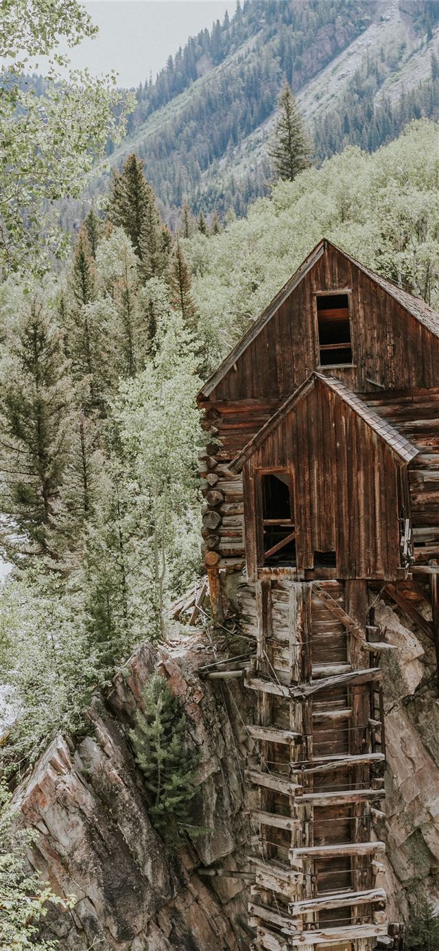 1125x2436 brown wooden house on rock formation near green tr... - trees iPhone 11 Wallpaper