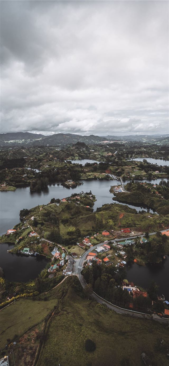 1125x2436 bird's eye view photo of river village - scenery iPhone 11 Wallpaper