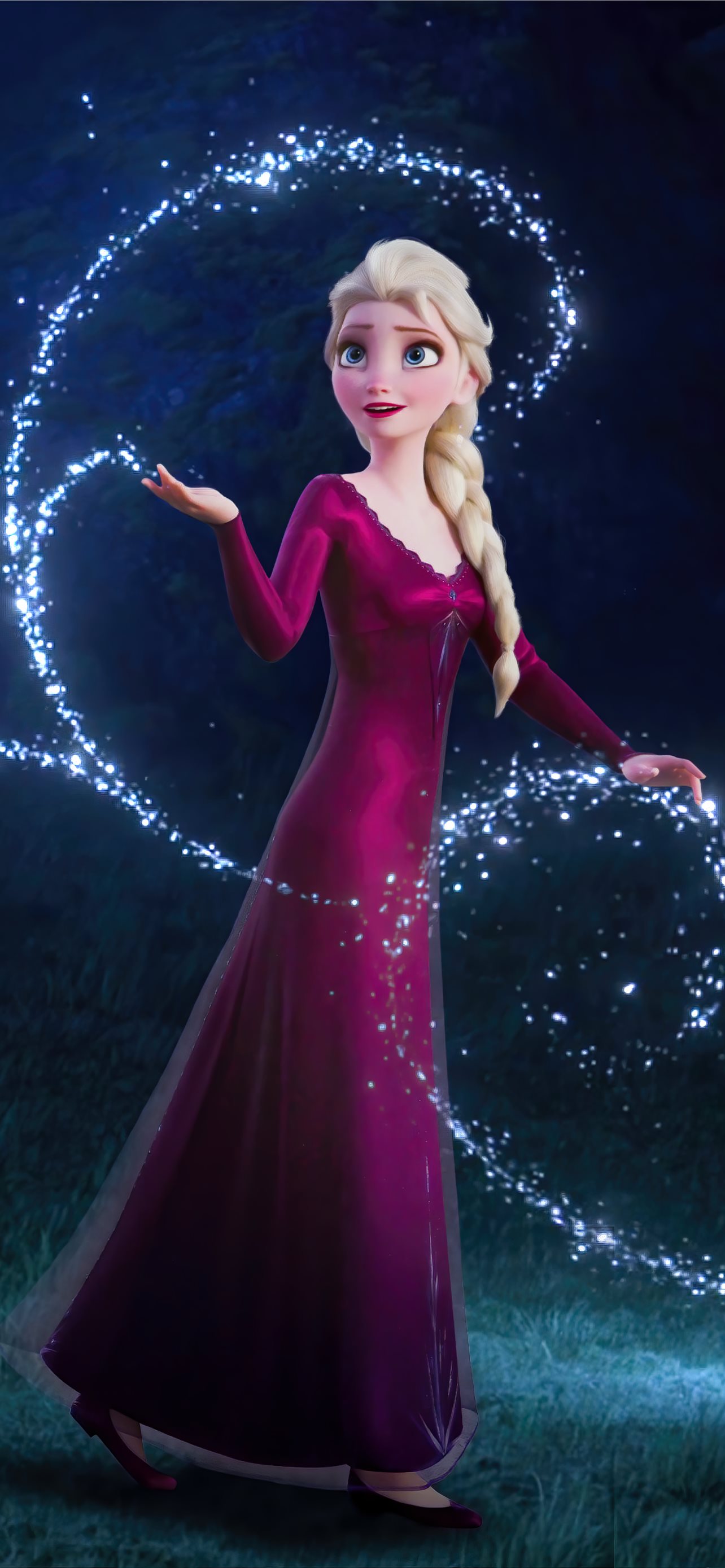 Queen Elsa with snowflakes and pink sky background 4K wallpaper download