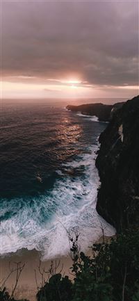 seashore across horizon during cloudy sunset wallpaper