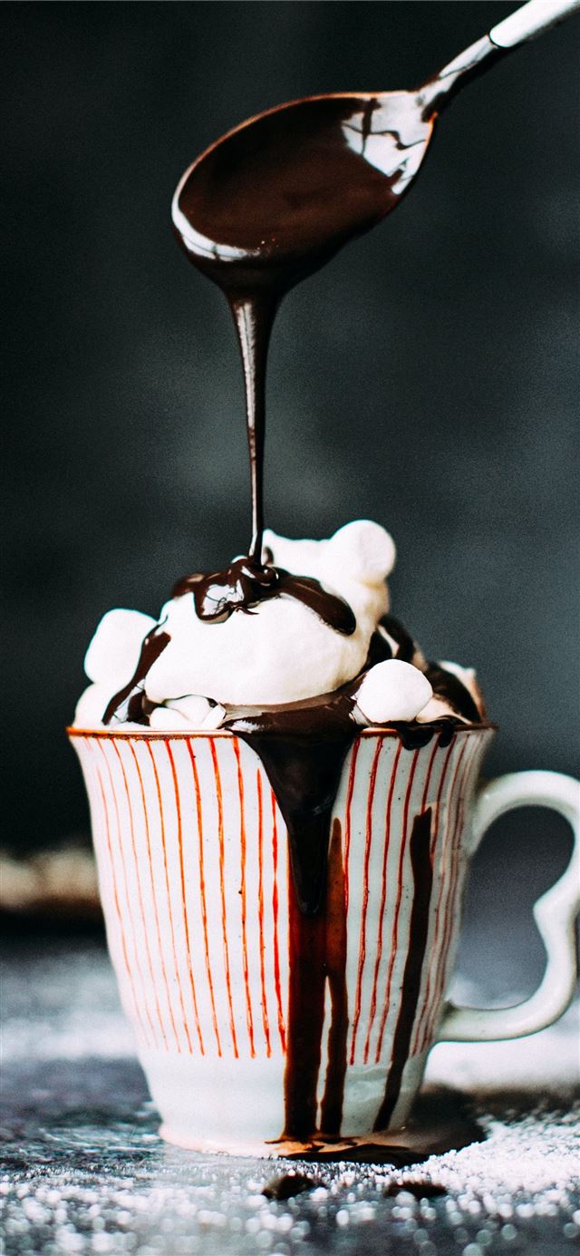 chocolate pouring on vanilla ice cream in ceramic ... iPhone 12 wallpaper 