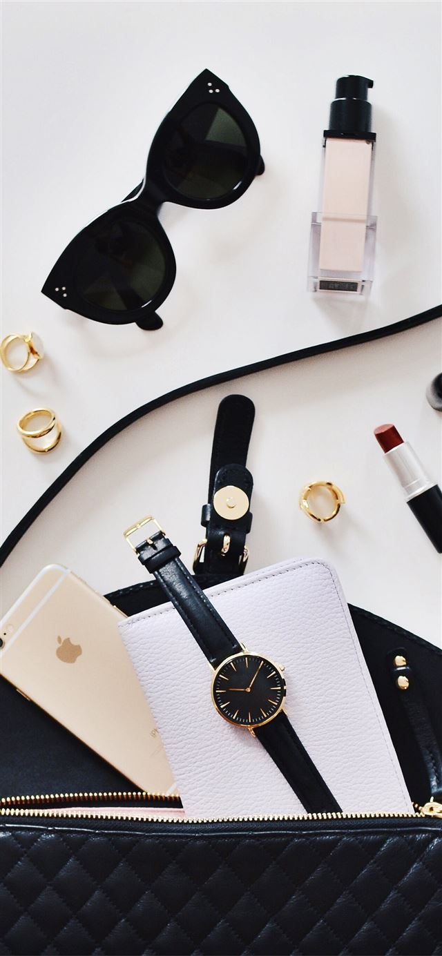 women's sunglasses and black bag with watch and iP... iPhone 12 wallpaper 