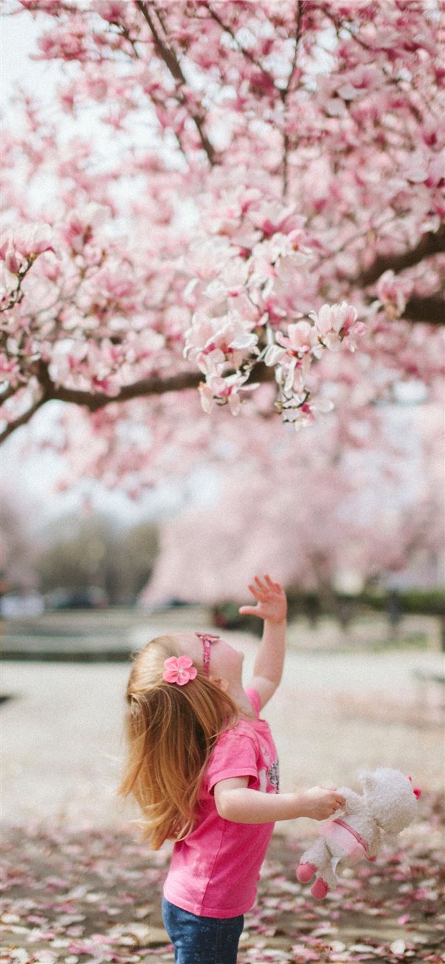 girl under cherry blossom tree iPhone 12 wallpaper 