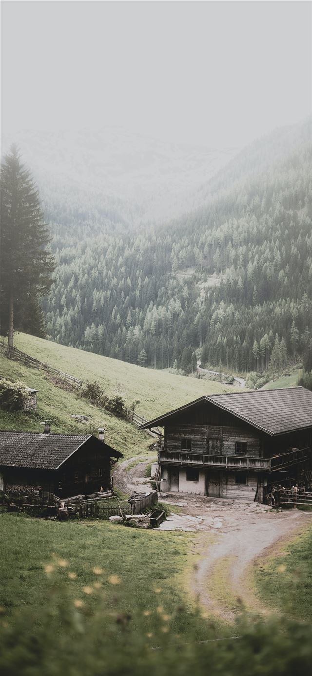 two brown wooden houses near mountain and trees at... iPhone 12 wallpaper 