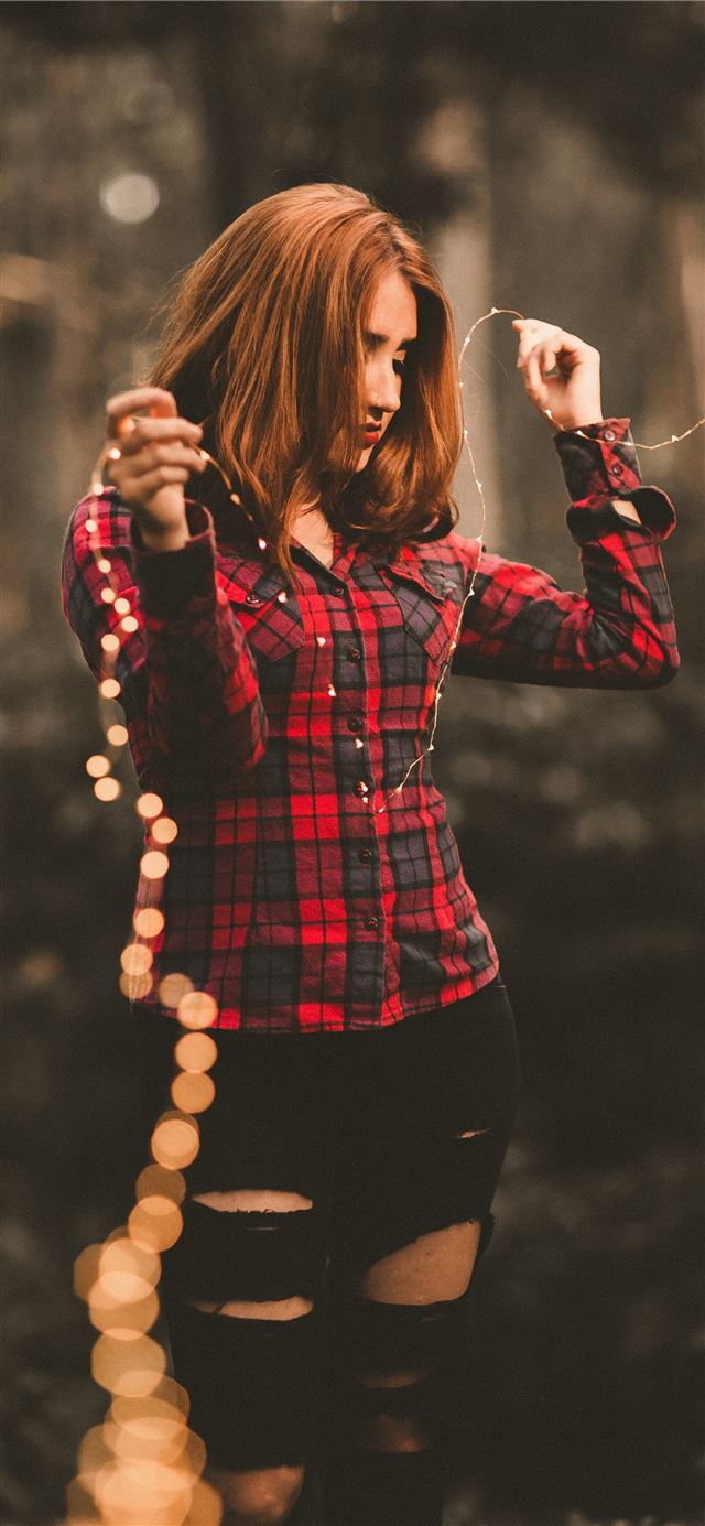 woman in red and black dress shirt iPhone 12 wallpaper 