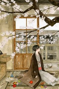 Thinking under the cherry tree wallpaper