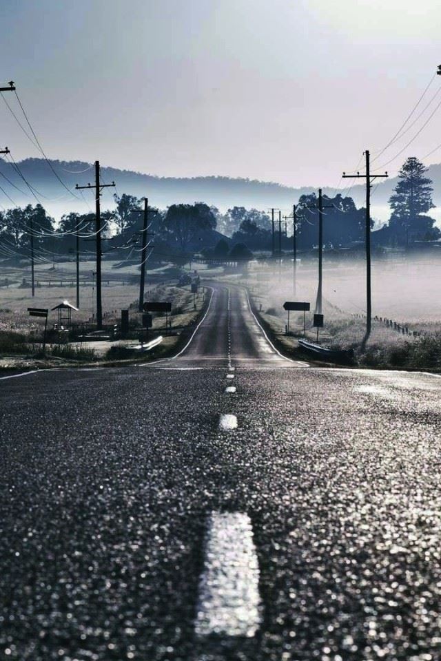 640x960 Road Fog Mountain Telegraph Pole - grass iPhone 4s Wallpaper