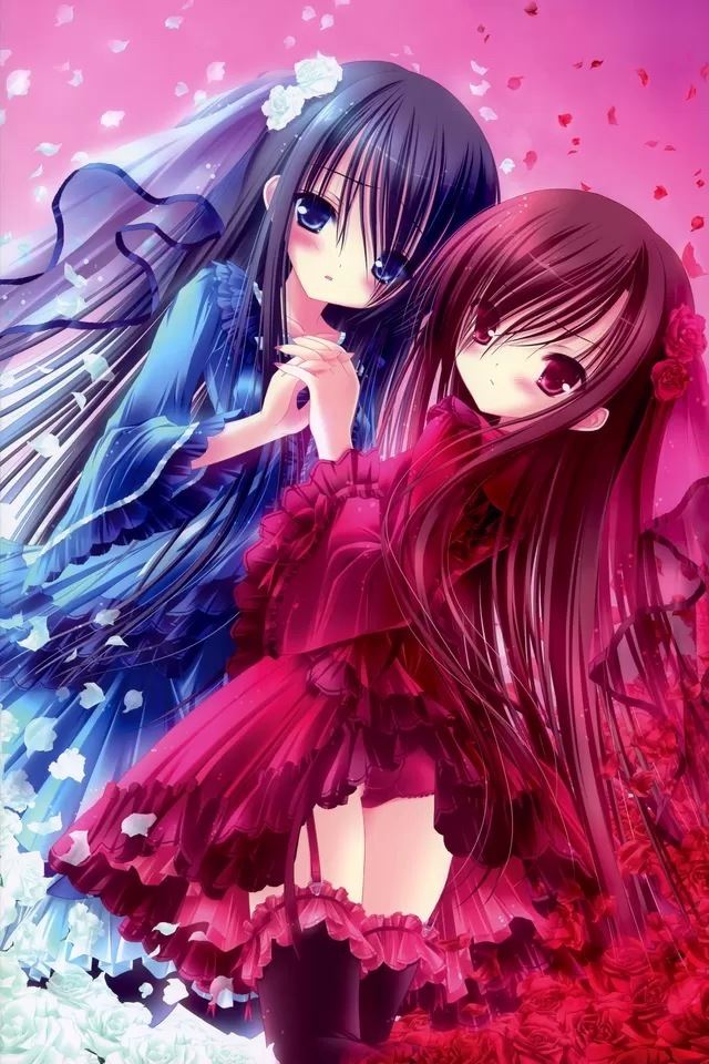 640x960 Red and blue double girl - petal iPhone 4s Wallpaper