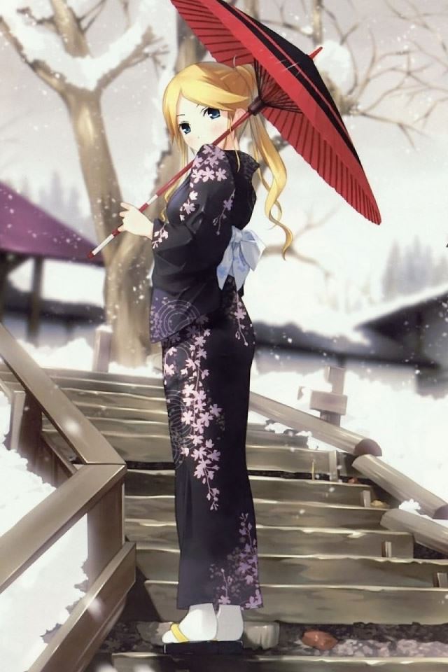 640x960 Sensei Winter Anime Umbrellas - snow iPhone 4s Wallpaper