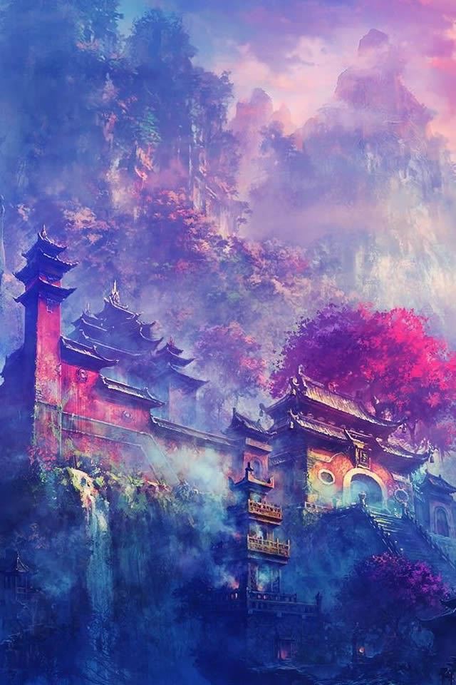 640x960 Asian Village In The Mountains Fantasy - black iPhone 4s Wallpaper
