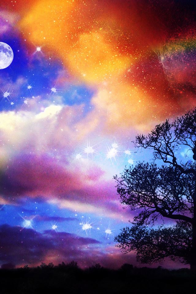 640x960 Rainbow Sky Field - tree iPhone 4s Wallpaper