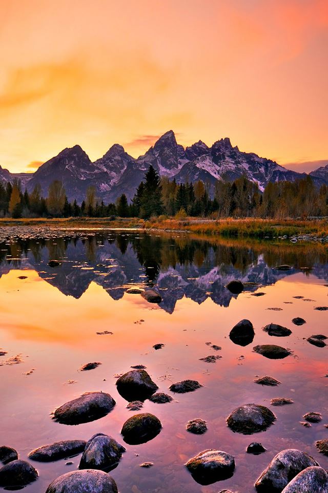 640x960 Mountain Lake Sunset - orange iPhone 4s Wallpaper