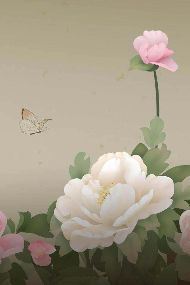 640x960 Peony Flowers Butterfly Drawn Art - art iPhone 4s Wallpaper