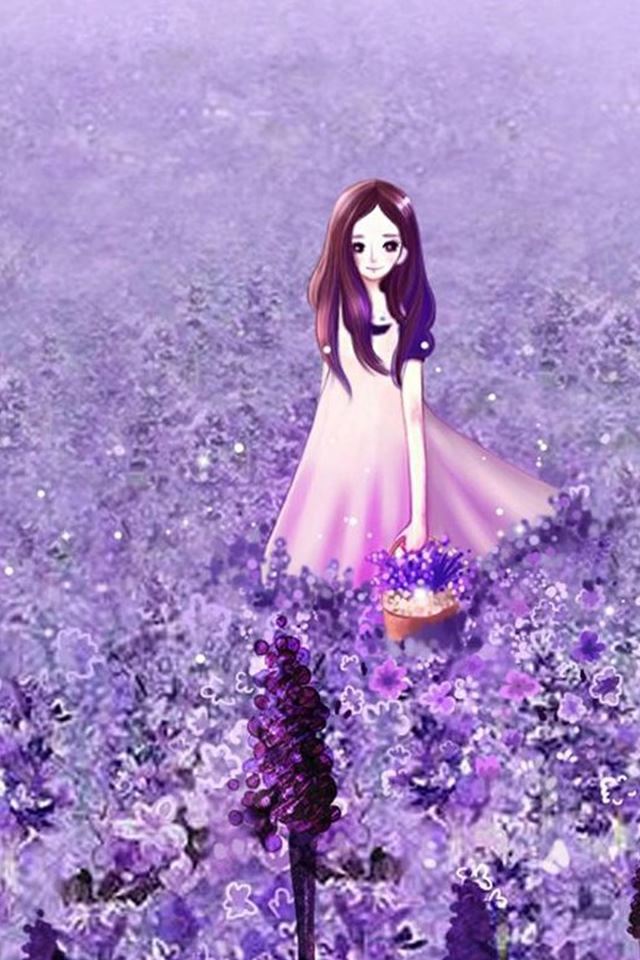 Anime Cute Little Girl In Lavender Garden iPhone 4s Wallpapers Free Download