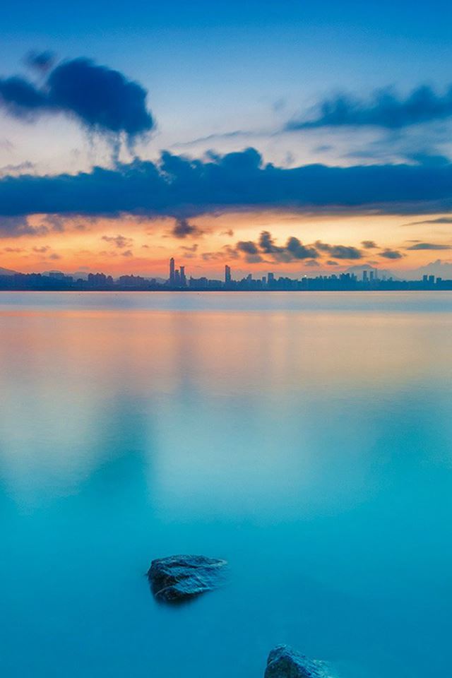 640x960 City View River Lake Blue Sunset Nature - rock iPhone 4s Wallpaper
