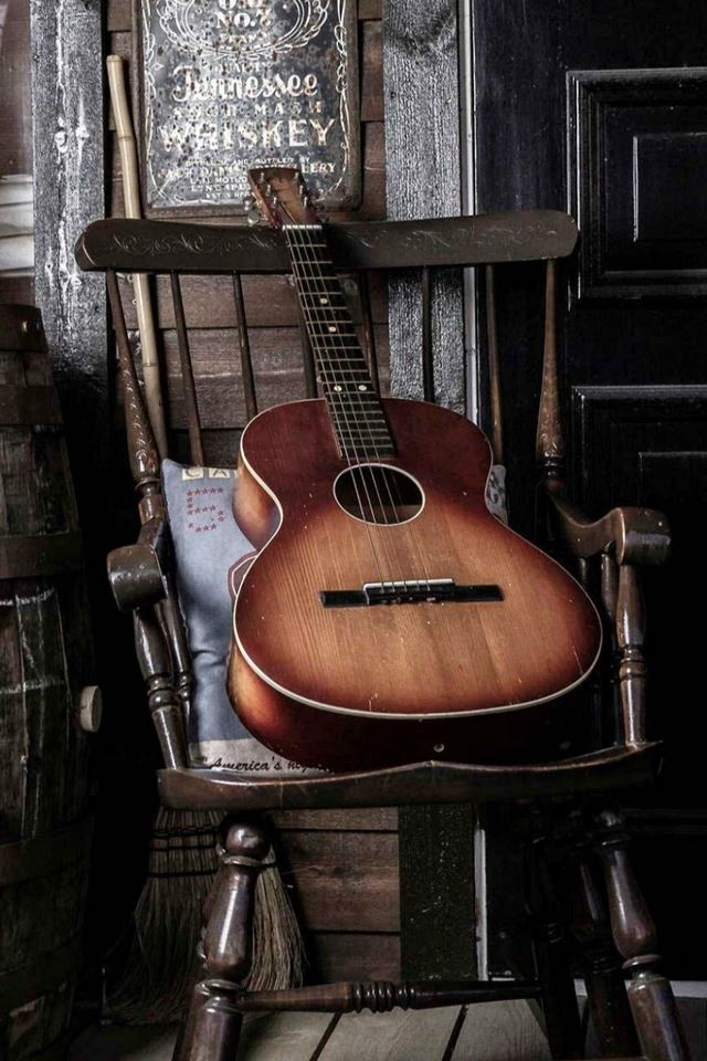 640x960 Old Guitar On Chair - black iPhone 4s Wallpaper
