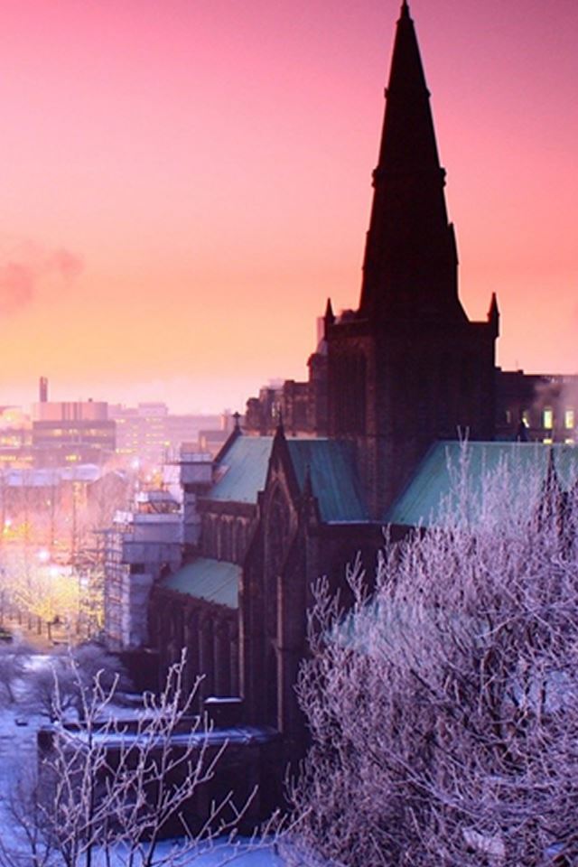 640x960 Winter Snowy Tree Castle At Dawn - black iPhone 4s Wallpaper