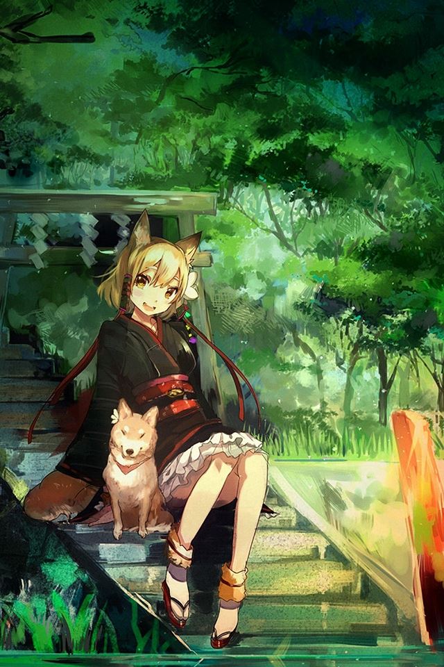 640x960 Girl And Dog Green Nature Anime Art Illust - forest iPhone 4s Wallpaper