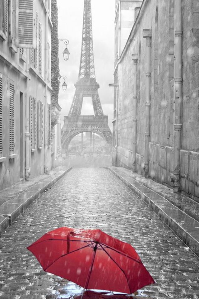 640x960 Red Umbrella Paris Street Rainy Day Eiffel Tower  - umbrella iPhone 4s Wallpaper