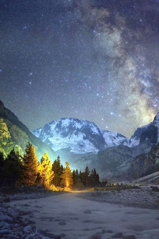 640x960 Night Mountains Shiny Sky View Pine Trees - night iPhone 4s Wallpaper